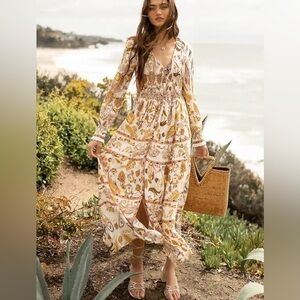 NWT Böhme Boho Printed Smocked Waist Maxi Peasant Prairie Long Sleeve Festival